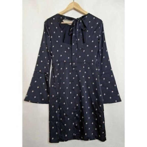 BANANA REPUBLIC NWT Blue 0 XS Dress Pearl Print Knee Length Open Back Bow Sheath - Picture 4 of 8